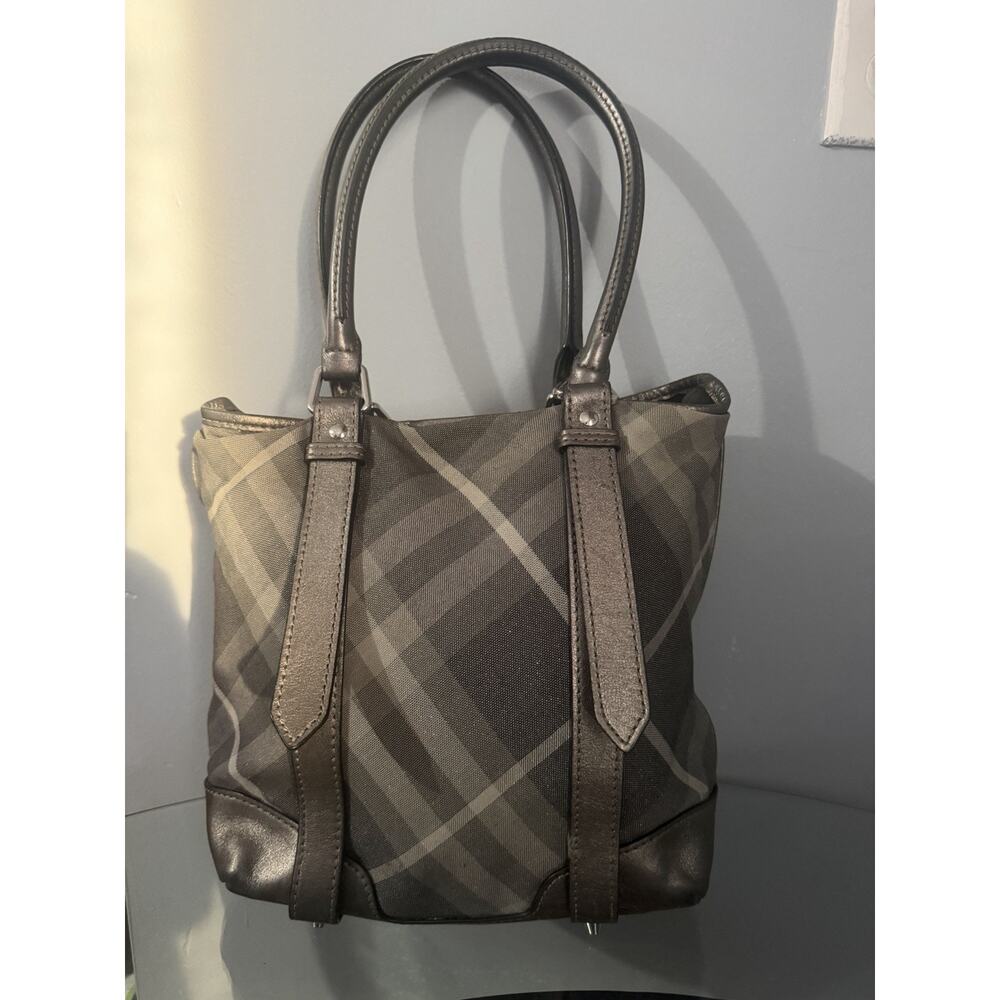Burberry Shimmer Check Gray Canvas Leather Handle Shoulder Bag Authentic - Picture 2 of 13